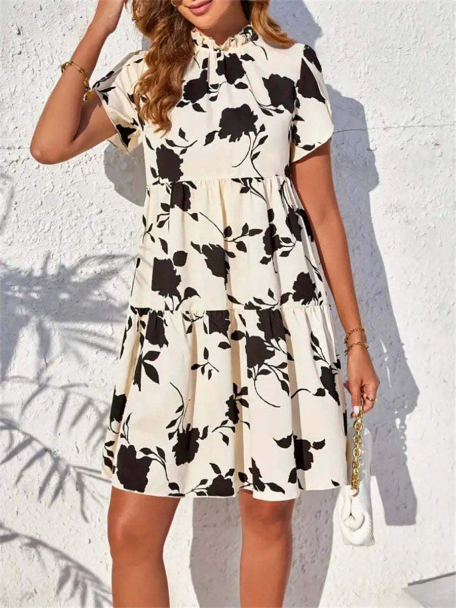 Frill Tiered Printed Short Sleeve Mini Dress for Women - Love Salve